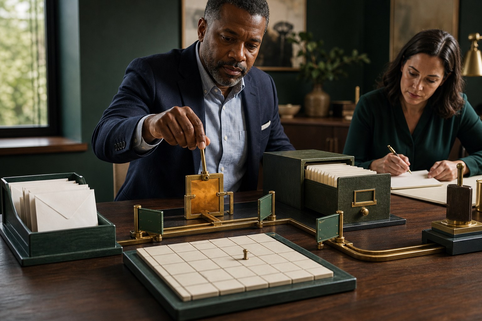 Office operations manager supervising an AI workflow map with clear permission gates between email, calendar and records