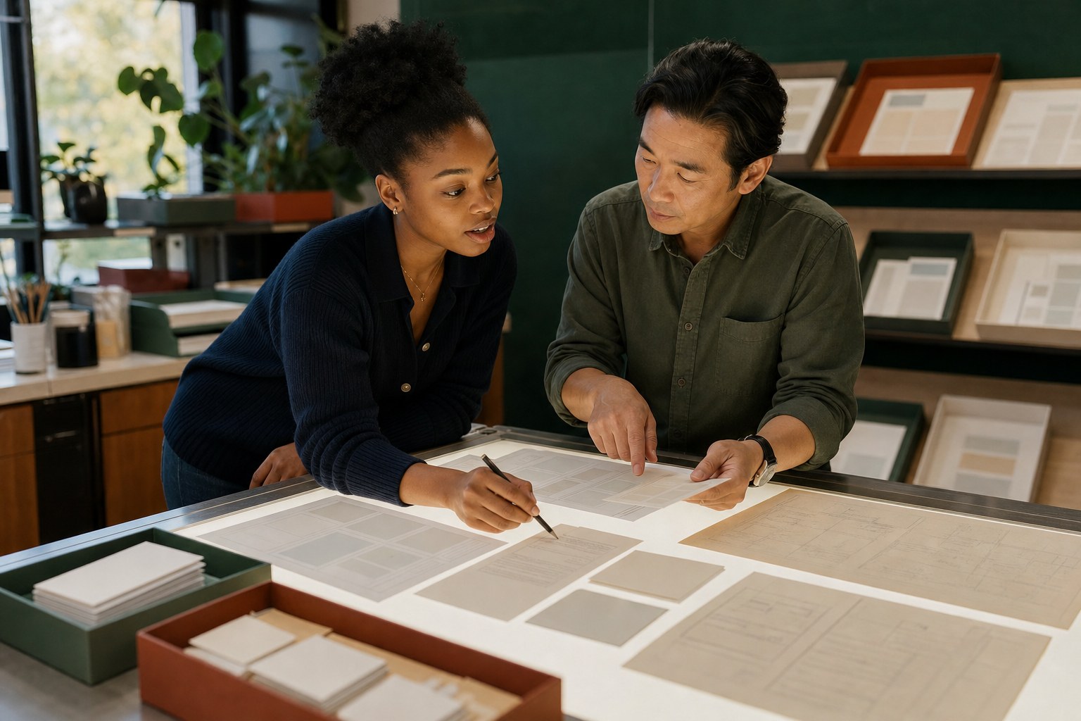 Experienced mentor and junior colleague checking an AI-assisted work sample together against original evidence