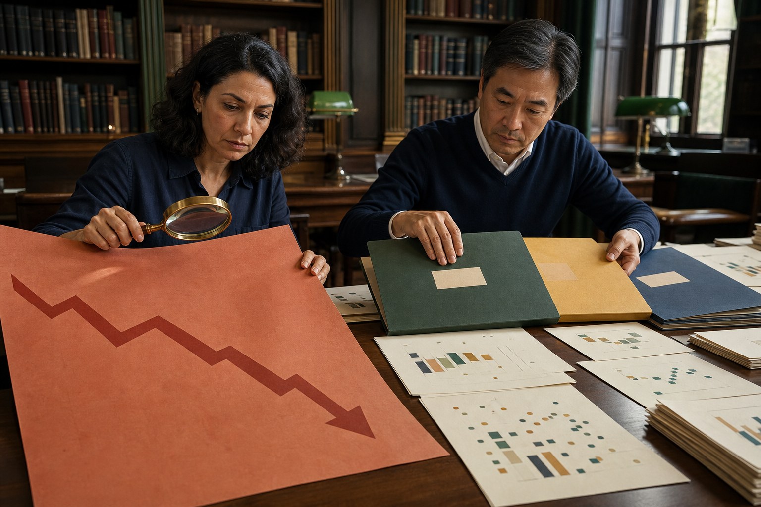 Two experienced workers comparing a dramatic job-loss headline with original research charts and methodology notes