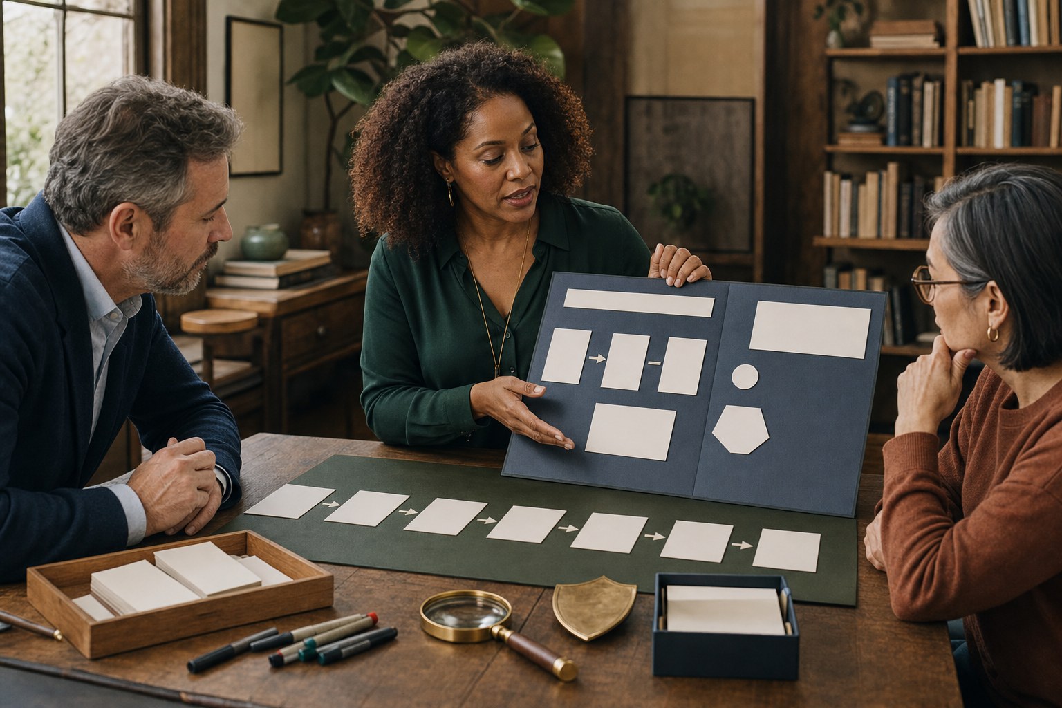 Experienced analyst presenting an AI workflow portfolio with evaluation notes to two hiring managers