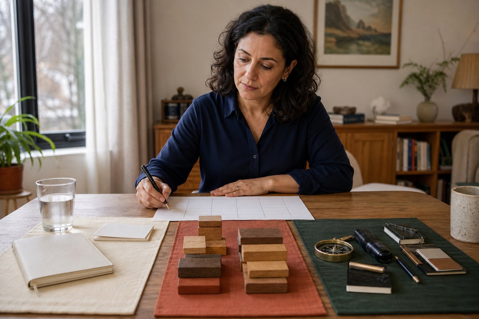 Tired mid-career professional separating health, workload and job-fit evidence into three clear columns