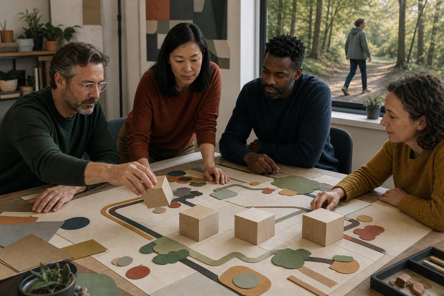 Four clearly marked workday blocks beside a team reviewing workload, coverage and wellbeing measures