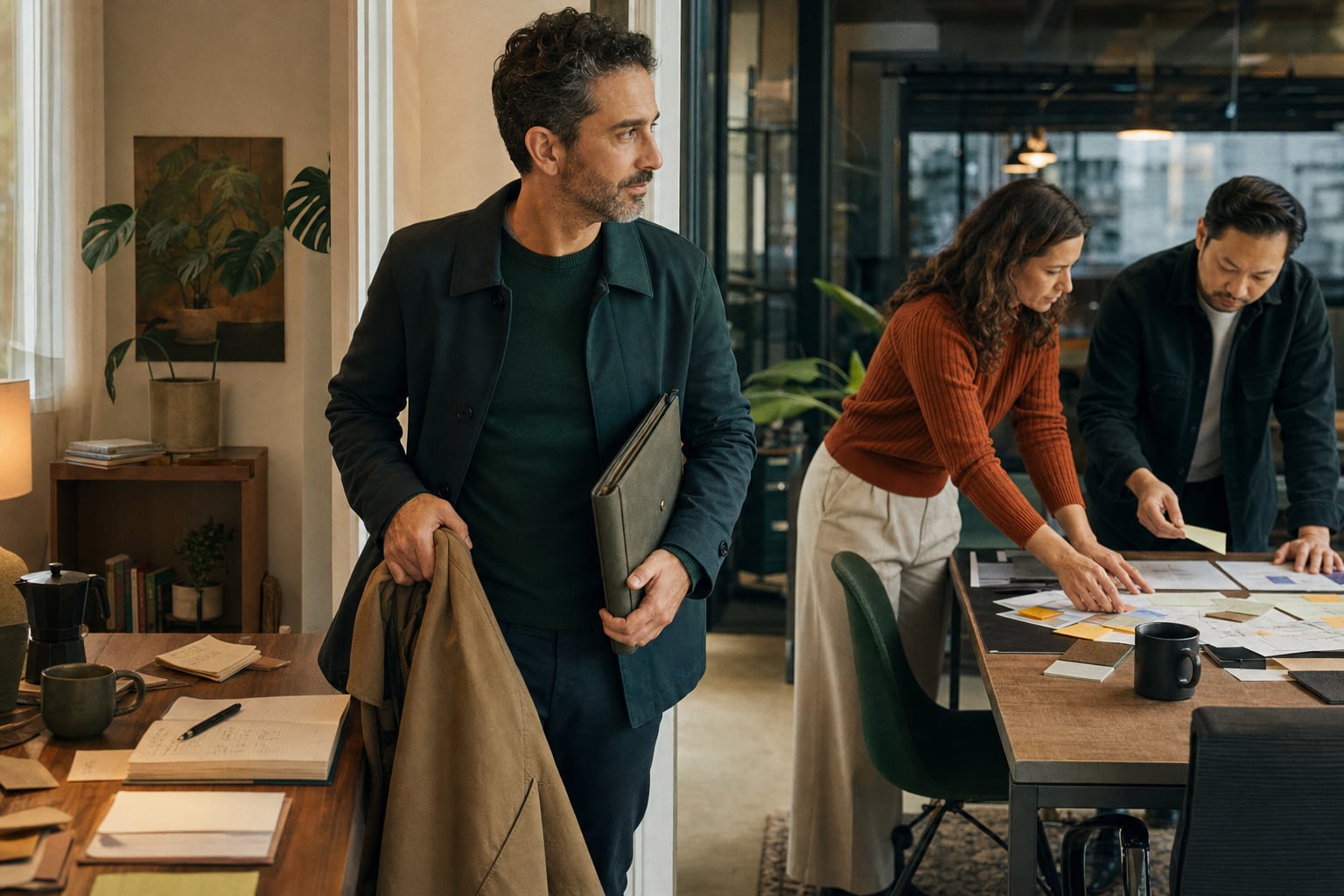 Mid-career colleagues splitting a working week between a shared office table and a quiet home workspace