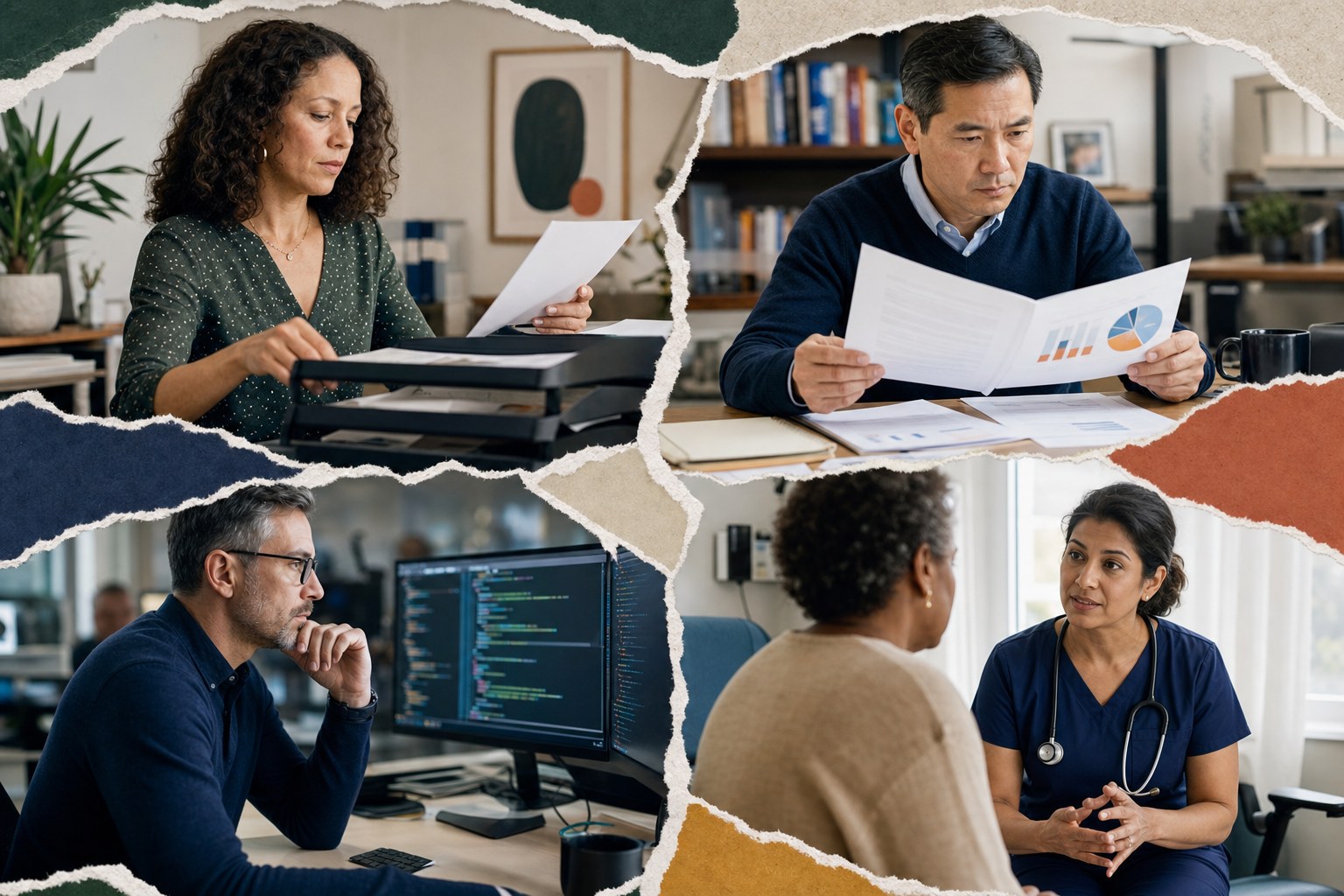 Mid-career workers from administration, finance, design and field operations comparing task maps on a wall