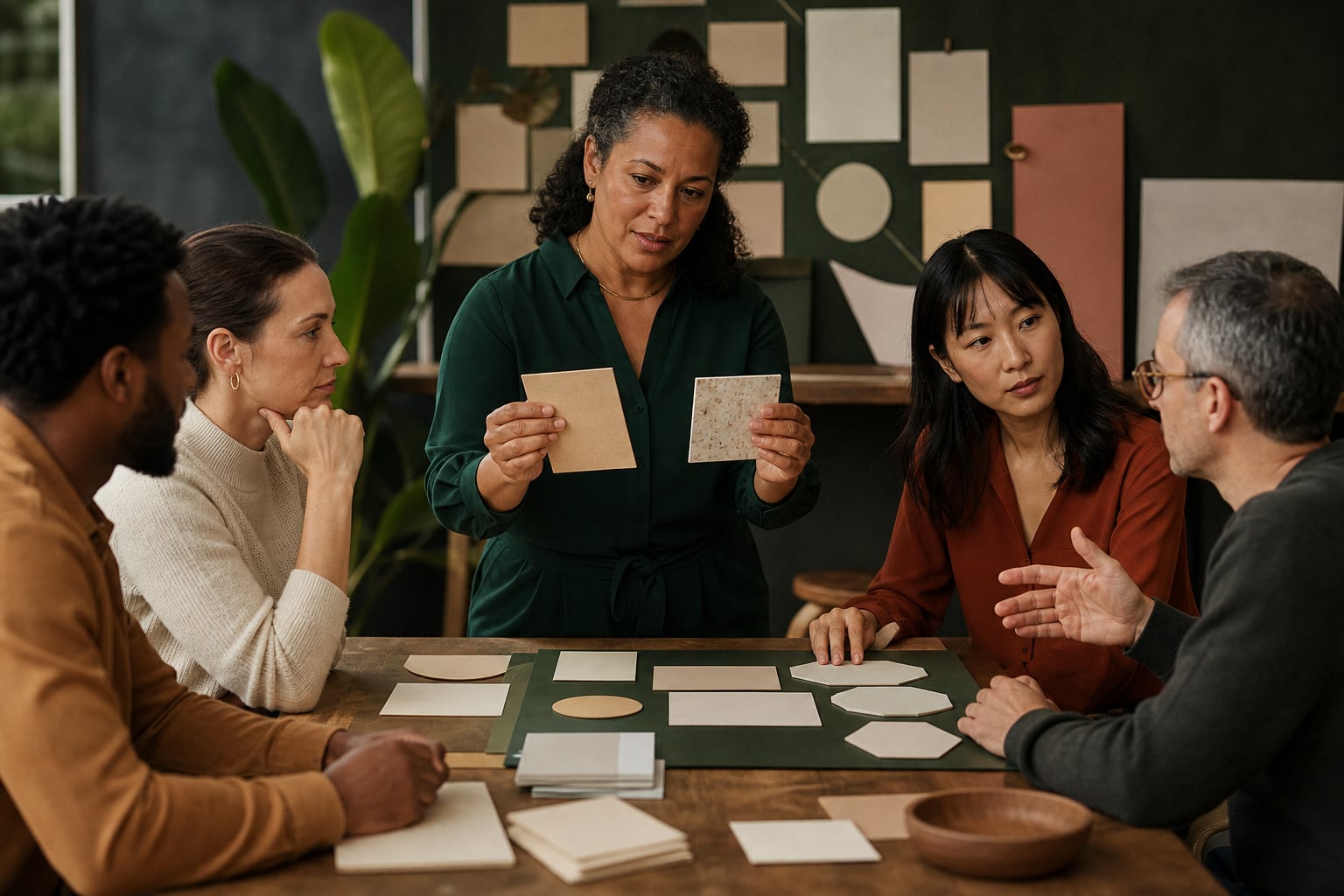 Experienced manager practising work design, evidence review and coaching with a diverse team