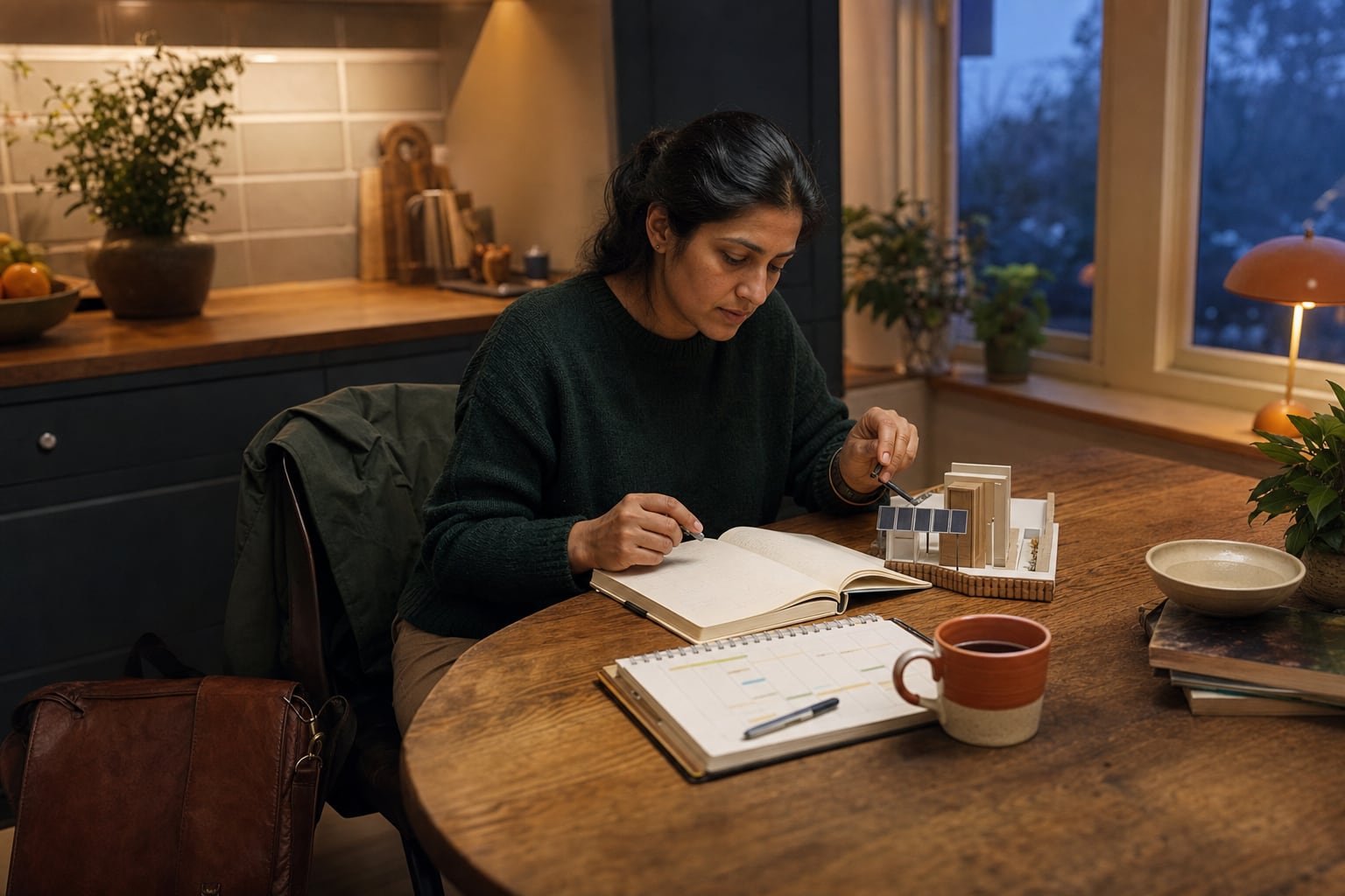 Working professional at a kitchen table following a modest weekly learning plan beside a completed practical project