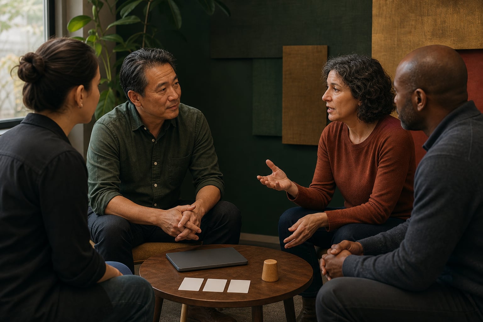 Manager listening to a small team during an open, calm discussion about changing tasks and AI
