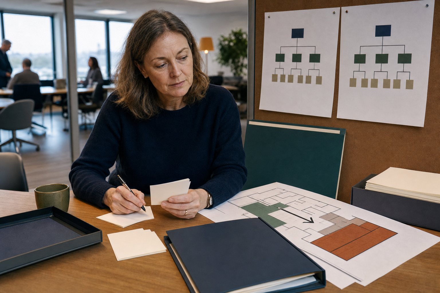 Experienced employee calmly reviewing a restructuring chart, budget notes and a personal contingency checklist