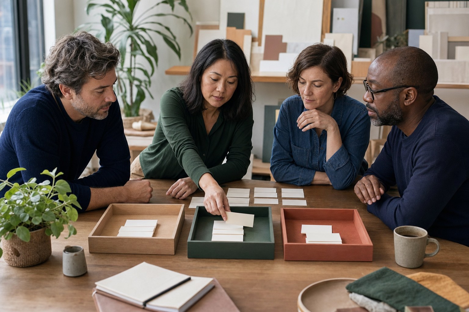 Experienced professionals around a table sorting printed work tasks into assist, review and keep-human groups