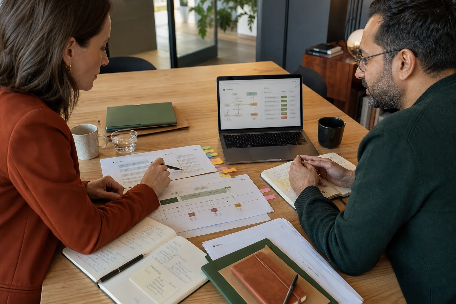 Lawyer and product manager reviewing an AI compliance timeline and chatbot workflow at a conference table.