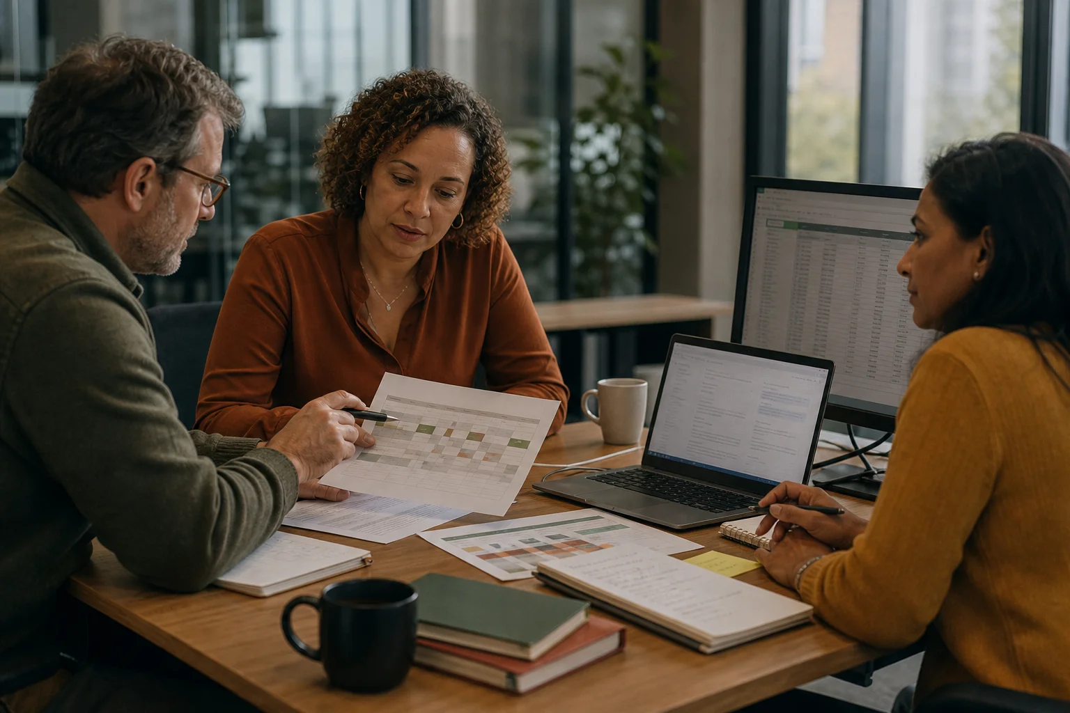 Colleagues in a meeting room comparing AI outputs with a printed staff training plan.